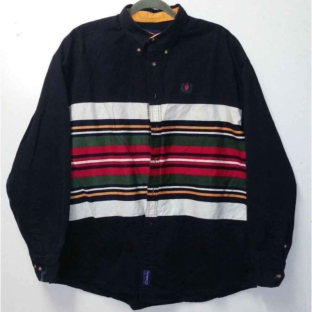 Mens Shirt CATALINA 90s Vintage XL striped multicolor blue LS button-down Cotton